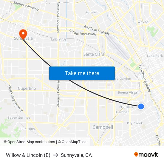 Willow & Lincoln (E) to Sunnyvale, CA map