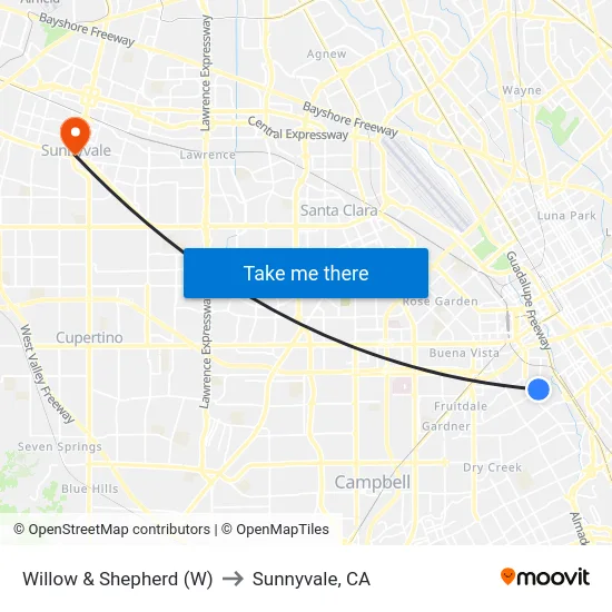 Willow & Shepherd (W) to Sunnyvale, CA map