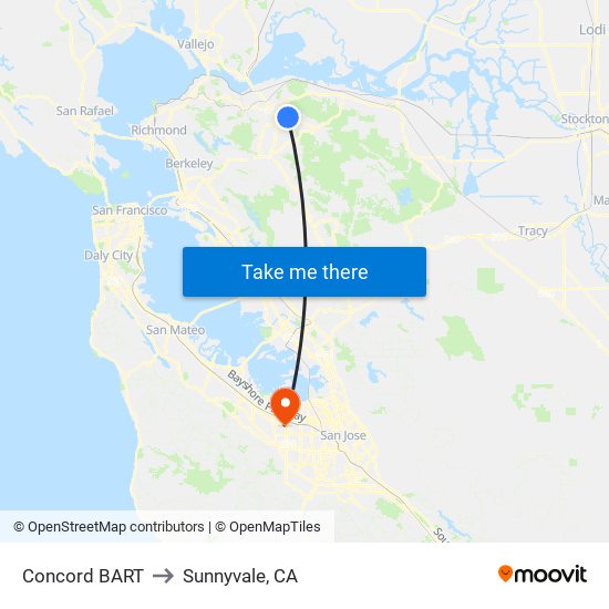 Concord BART to Sunnyvale, CA map