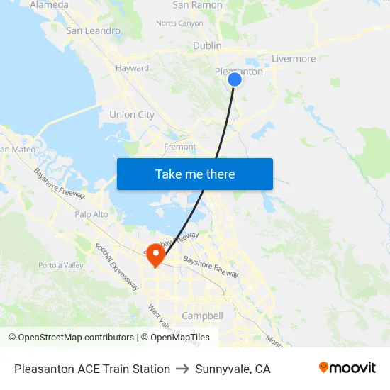 Pleasanton ACE Train Station to Sunnyvale, CA map