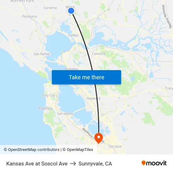 Kansas Ave at Soscol Ave to Sunnyvale, CA map
