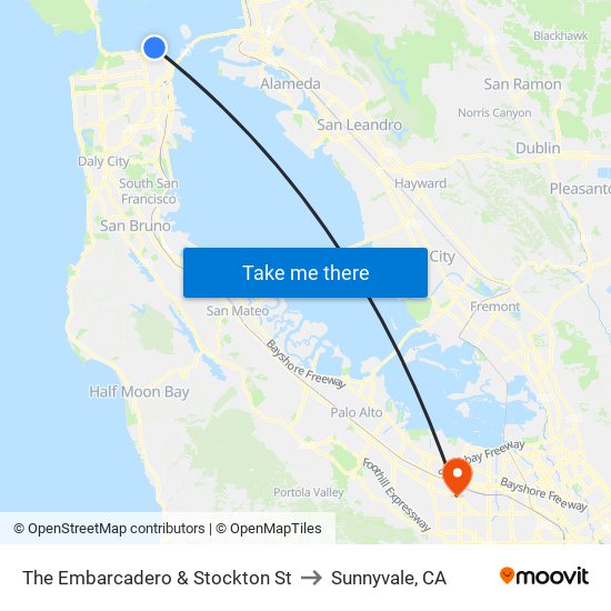 The Embarcadero & Stockton St to Sunnyvale, CA map