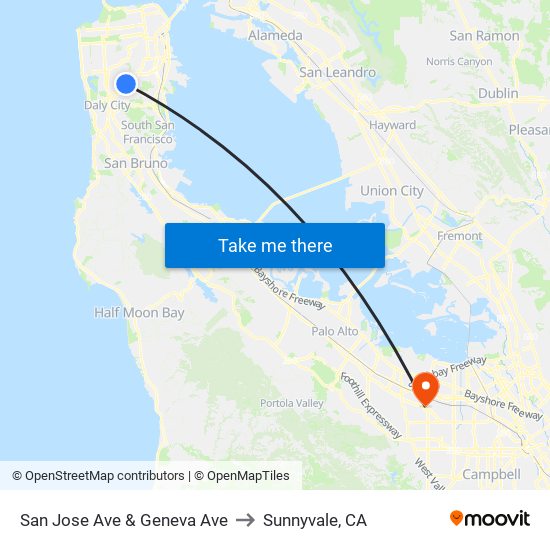 San Jose Ave & Geneva Ave to Sunnyvale, CA map