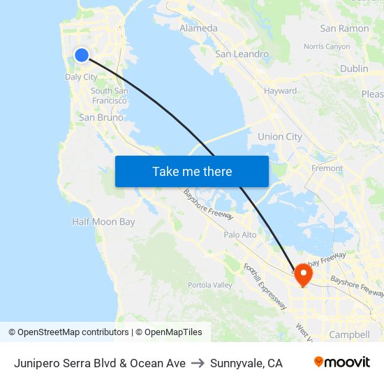 Junipero Serra Blvd & Ocean Ave to Sunnyvale, CA map