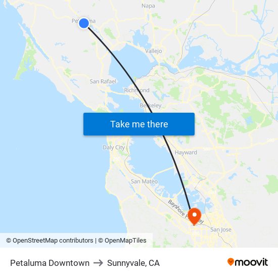 Petaluma Downtown to Sunnyvale, CA map