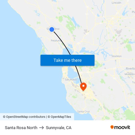 Santa Rosa North to Sunnyvale, CA map