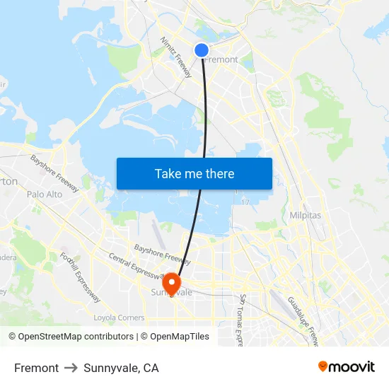 Fremont to Sunnyvale, CA map
