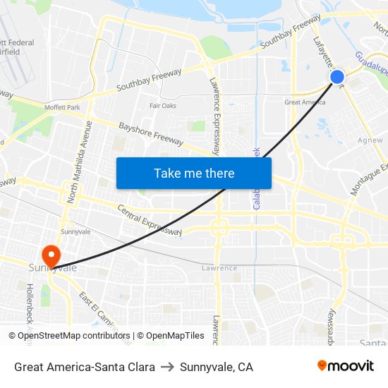 Great America-Santa Clara to Sunnyvale, CA map