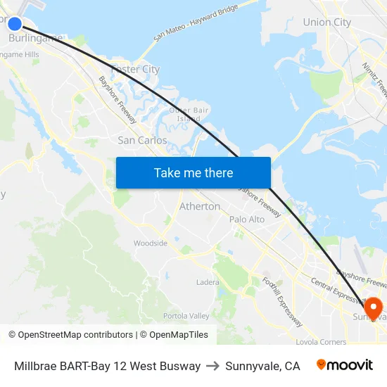 Millbrae BART-Bay 12 West Busway to Sunnyvale, CA map
