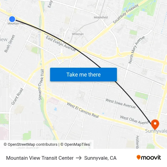 Mountain View Transit Center to Sunnyvale, CA map