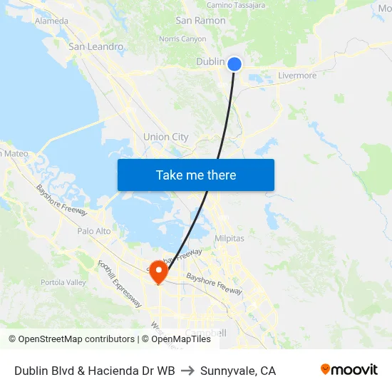 Dublin Blvd & Hacienda Dr WB to Sunnyvale, CA map