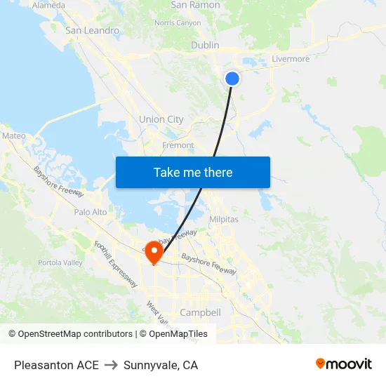 Pleasanton ACE to Sunnyvale, CA map