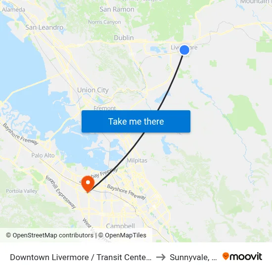 Downtown Livermore / Transit Center WB to Sunnyvale, CA map