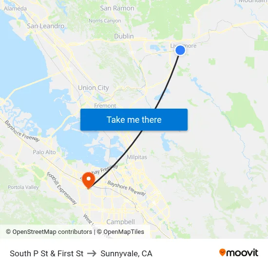 South P St & First St to Sunnyvale, CA map