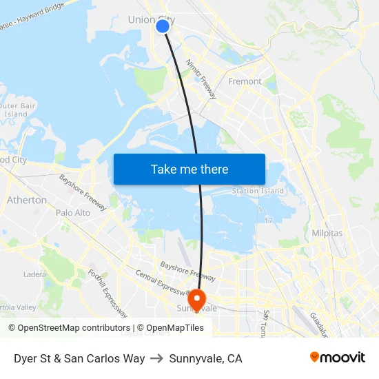 Dyer St & San Carlos Way to Sunnyvale, CA map