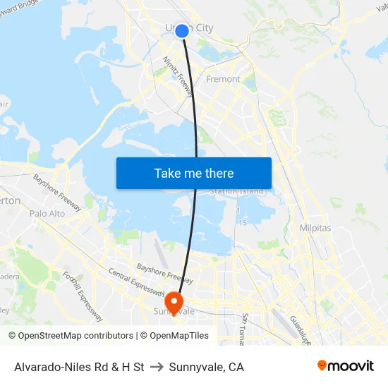 Alvarado-Niles Rd & H St to Sunnyvale, CA map