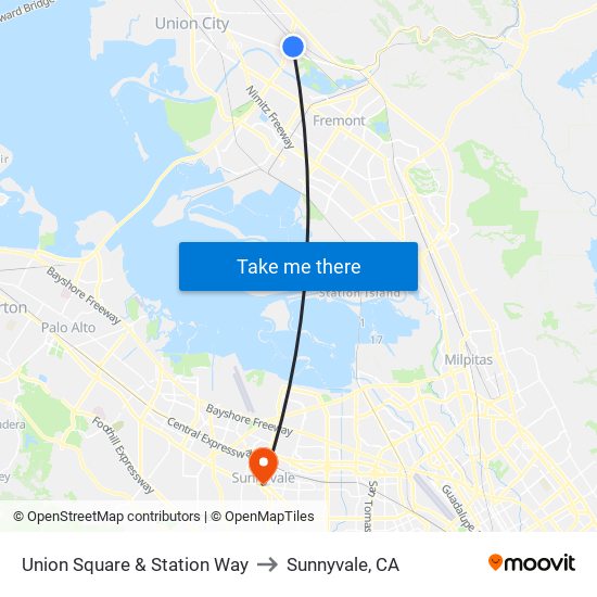 Union Square & Station Way to Sunnyvale, CA map