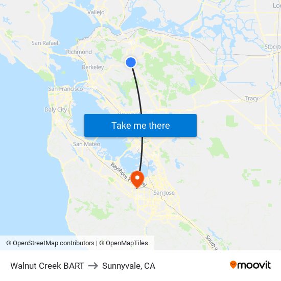Walnut Creek BART to Sunnyvale, CA map