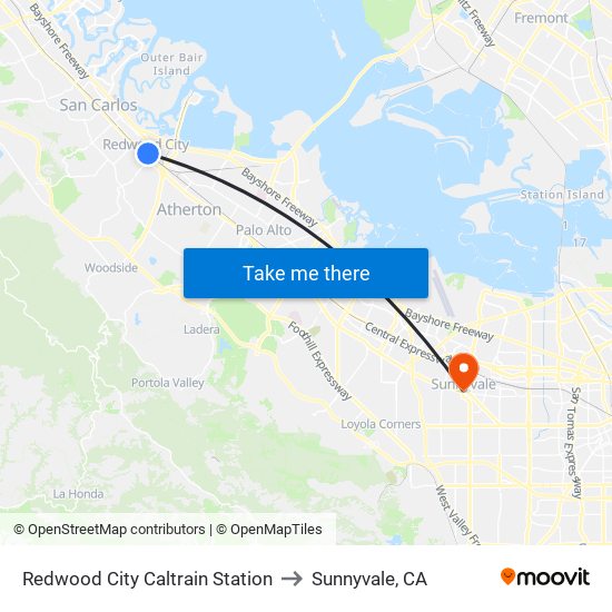 Redwood City Caltrain Station to Sunnyvale, CA map