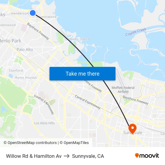 Willow Rd & Hamilton Av to Sunnyvale, CA map