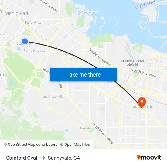 Stanford Oval to Sunnyvale, CA map