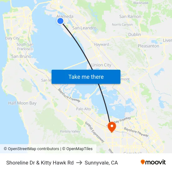Shoreline Dr & Kitty Hawk Rd to Sunnyvale, CA map