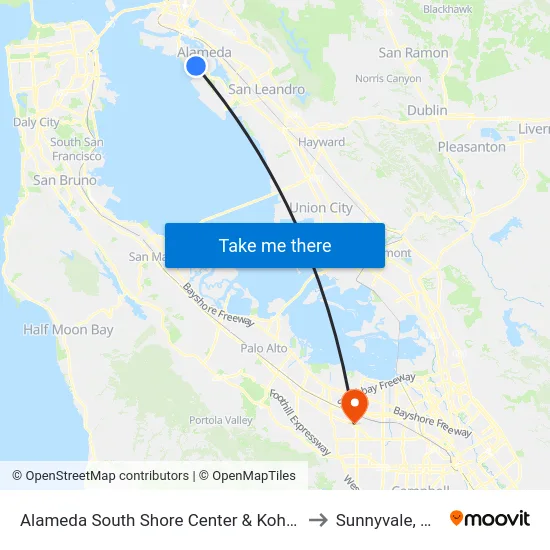 Alameda South Shore Center & Kohl's to Sunnyvale, CA map