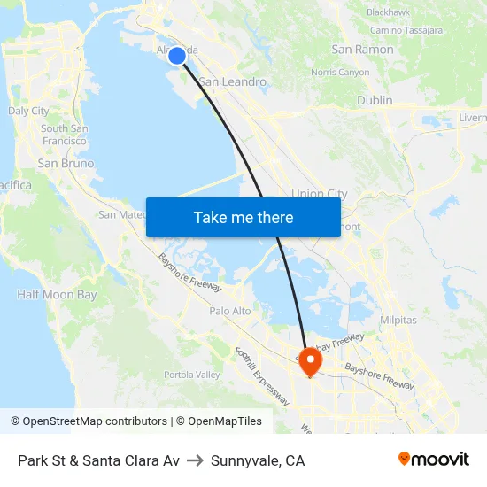 Park St & Santa Clara Av to Sunnyvale, CA map