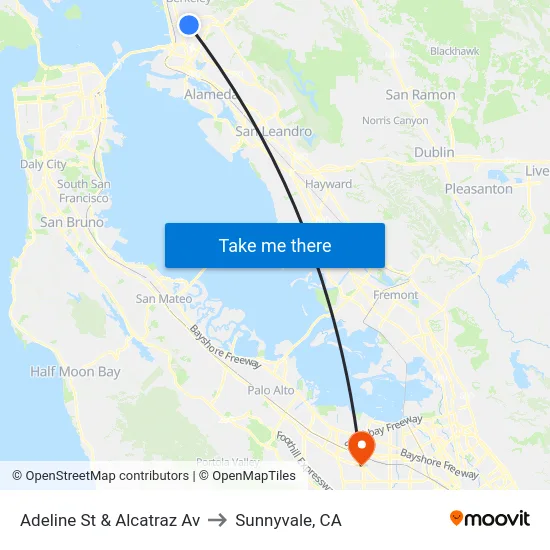 Adeline St & Alcatraz Av to Sunnyvale, CA map