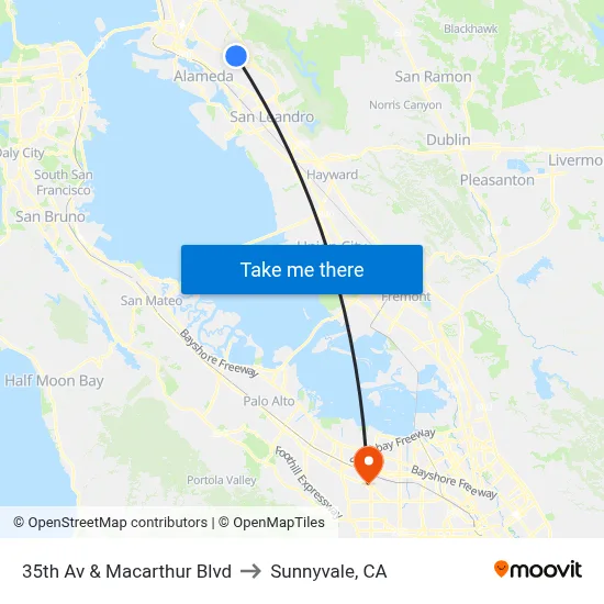 35th Av & Macarthur Blvd to Sunnyvale, CA map