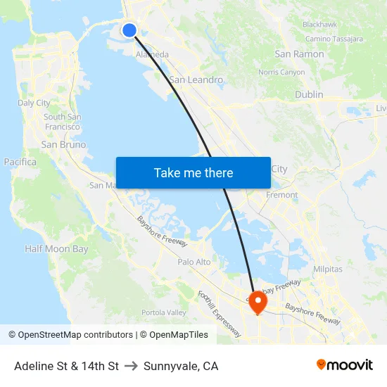 Adeline St & 14th St to Sunnyvale, CA map