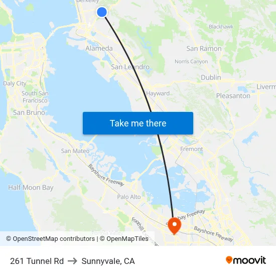 261 Tunnel Rd to Sunnyvale, CA map