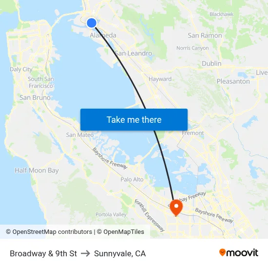 Broadway & 9th St to Sunnyvale, CA map