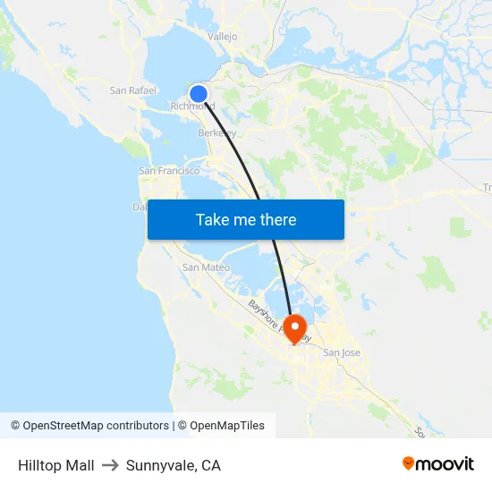 Hilltop Mall to Sunnyvale, CA map