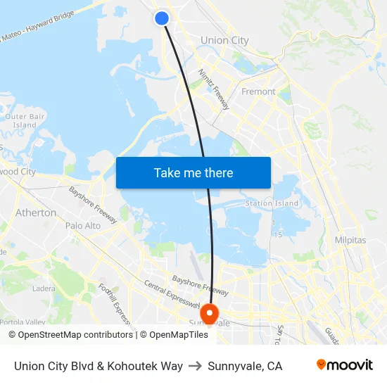 Union City Blvd & Kohoutek Way to Sunnyvale, CA map