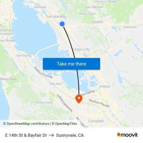 E 14th St & Bayfair Dr to Sunnyvale, CA map