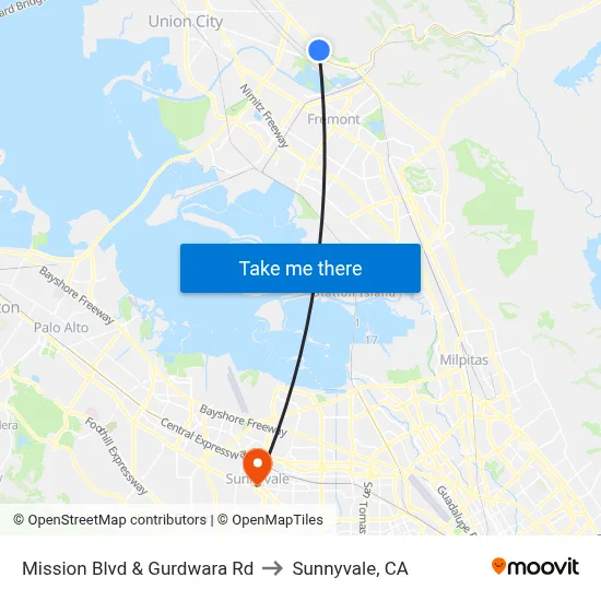 Mission Blvd & Gurdwara Rd to Sunnyvale, CA map