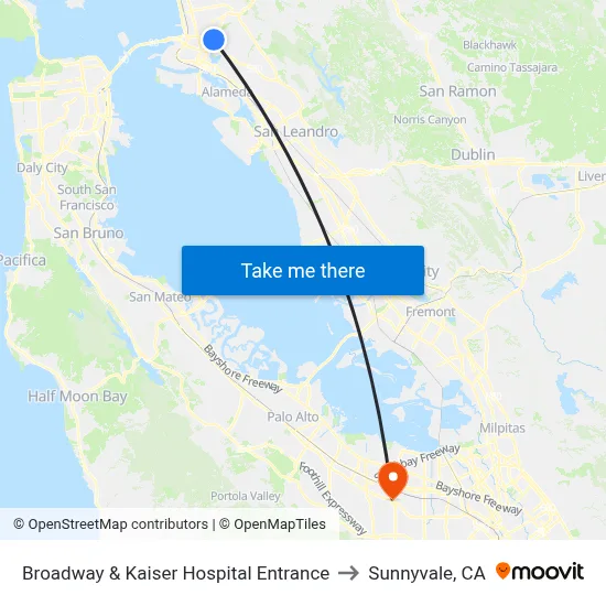 Broadway & Kaiser Hospital Entrance to Sunnyvale, CA map