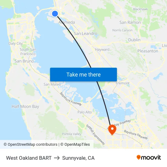 West Oakland BART to Sunnyvale, CA map