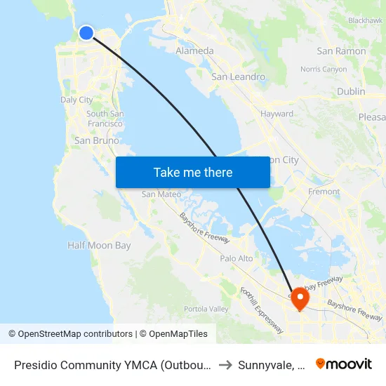 Presidio Community YMCA (Outbound) to Sunnyvale, CA map