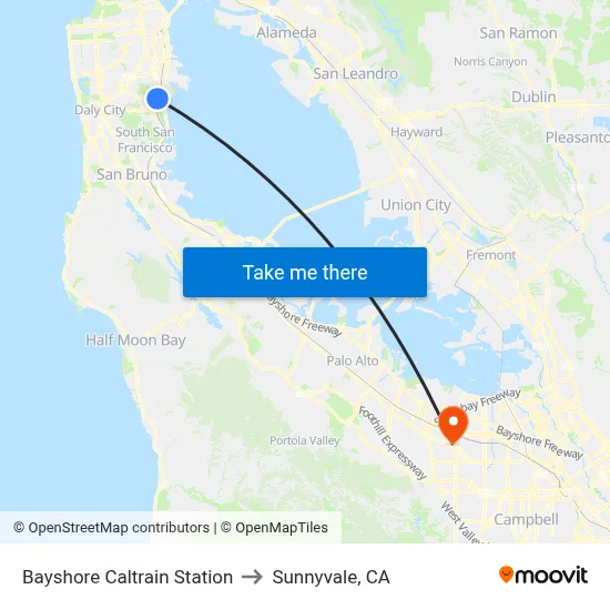 Bayshore Caltrain Station to Sunnyvale, CA map