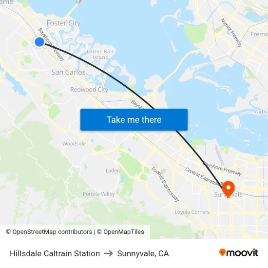 Hillsdale Caltrain Station to Sunnyvale, CA map