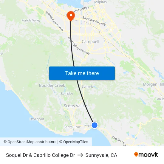 Soquel Dr & Cabrillo College Dr to Sunnyvale, CA map