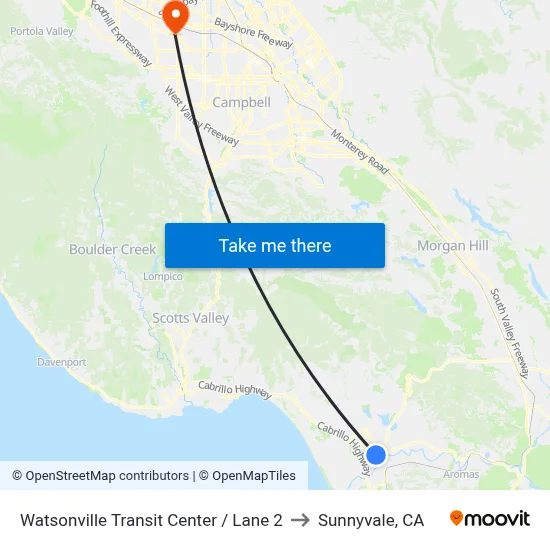 Watsonville Transit Center / Lane 2 to Sunnyvale, CA map