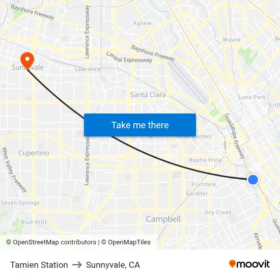 Tamien Station to Sunnyvale, CA map