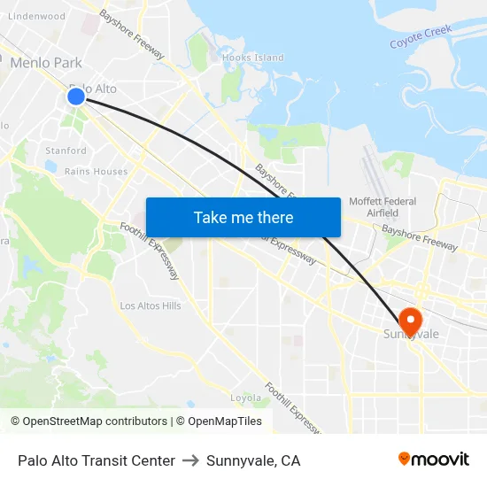 Palo Alto Transit Center to Sunnyvale, CA map