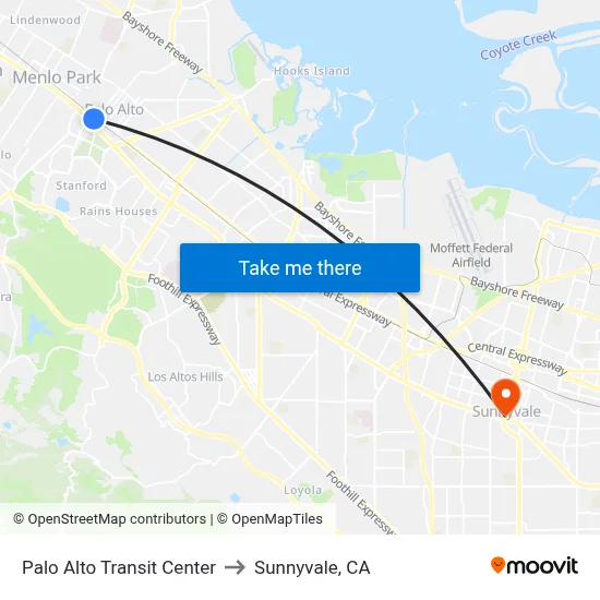 Palo Alto Transit Center to Sunnyvale, CA map