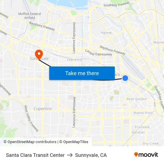 Santa Clara Transit Center to Sunnyvale, CA map