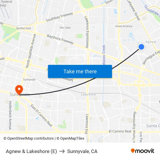 Agnew & Lakeshore (E) to Sunnyvale, CA map