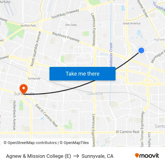 Agnew & Mission College (E) to Sunnyvale, CA map